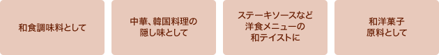 和食調味料として、中華、韓国料理の隠し味として、ステーキソースなど洋食メニューの和テイストに、和洋菓子原料として